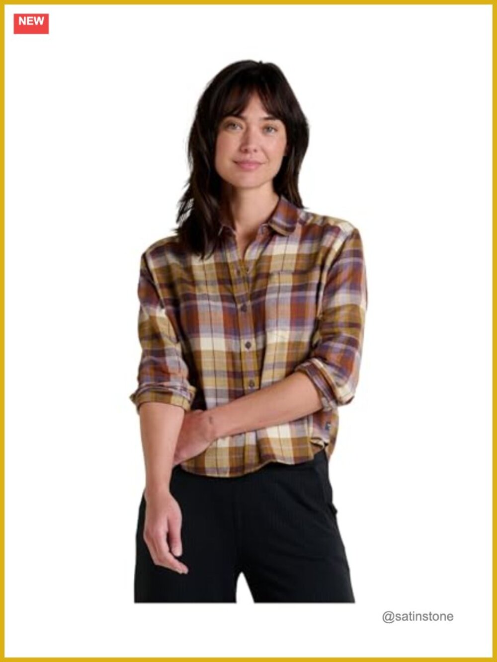 Boxy Fit Long Sleeve Shirt Plaid with Collar, Chest Pocket